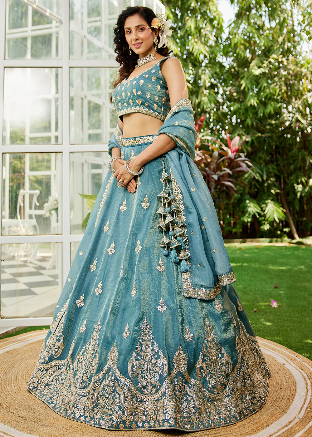 Green Organza Fabric Embroidered Designer Lehenga Choli - Image 5