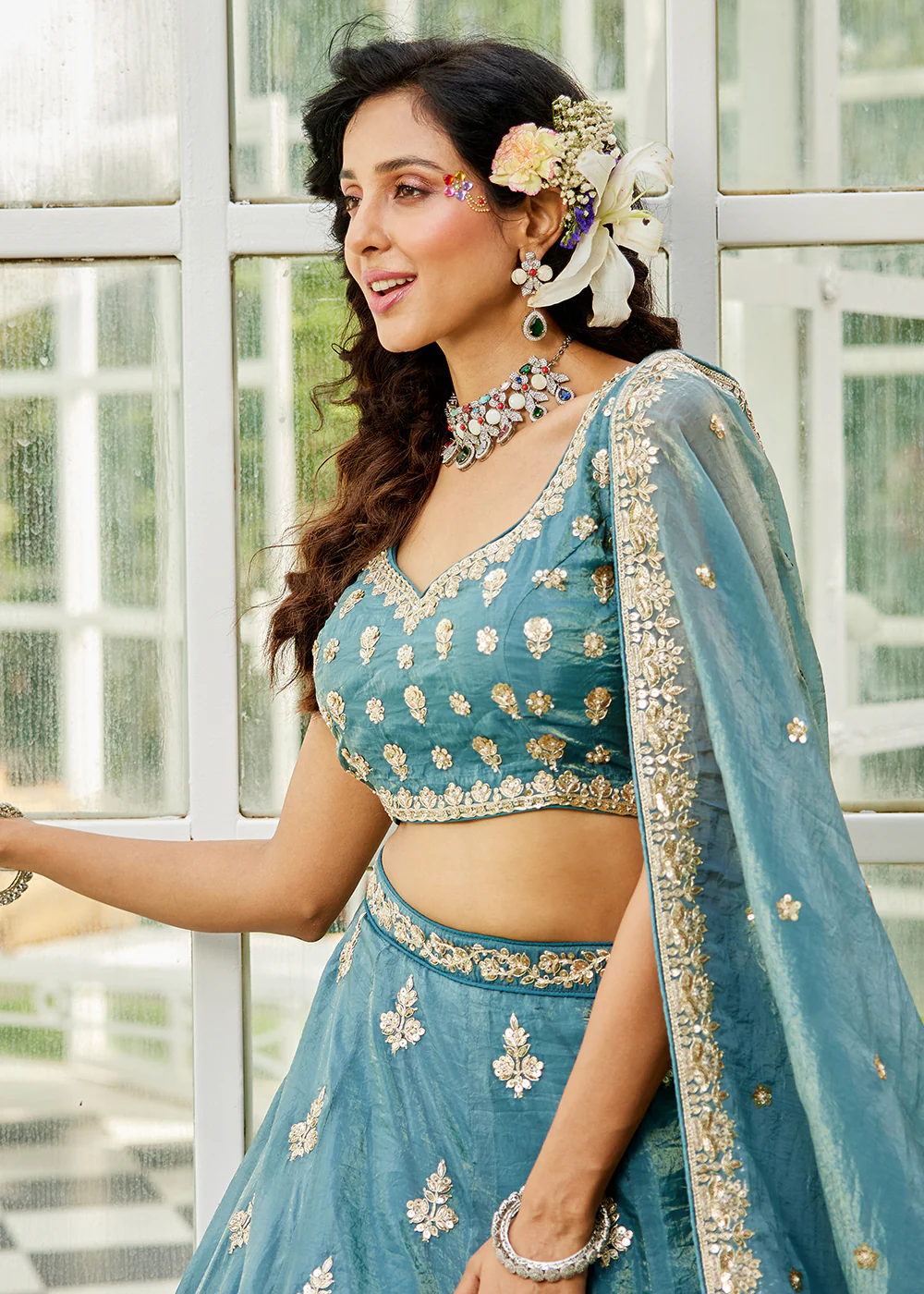 Green Organza Fabric Embroidered Designer Lehenga Choli - Image 6