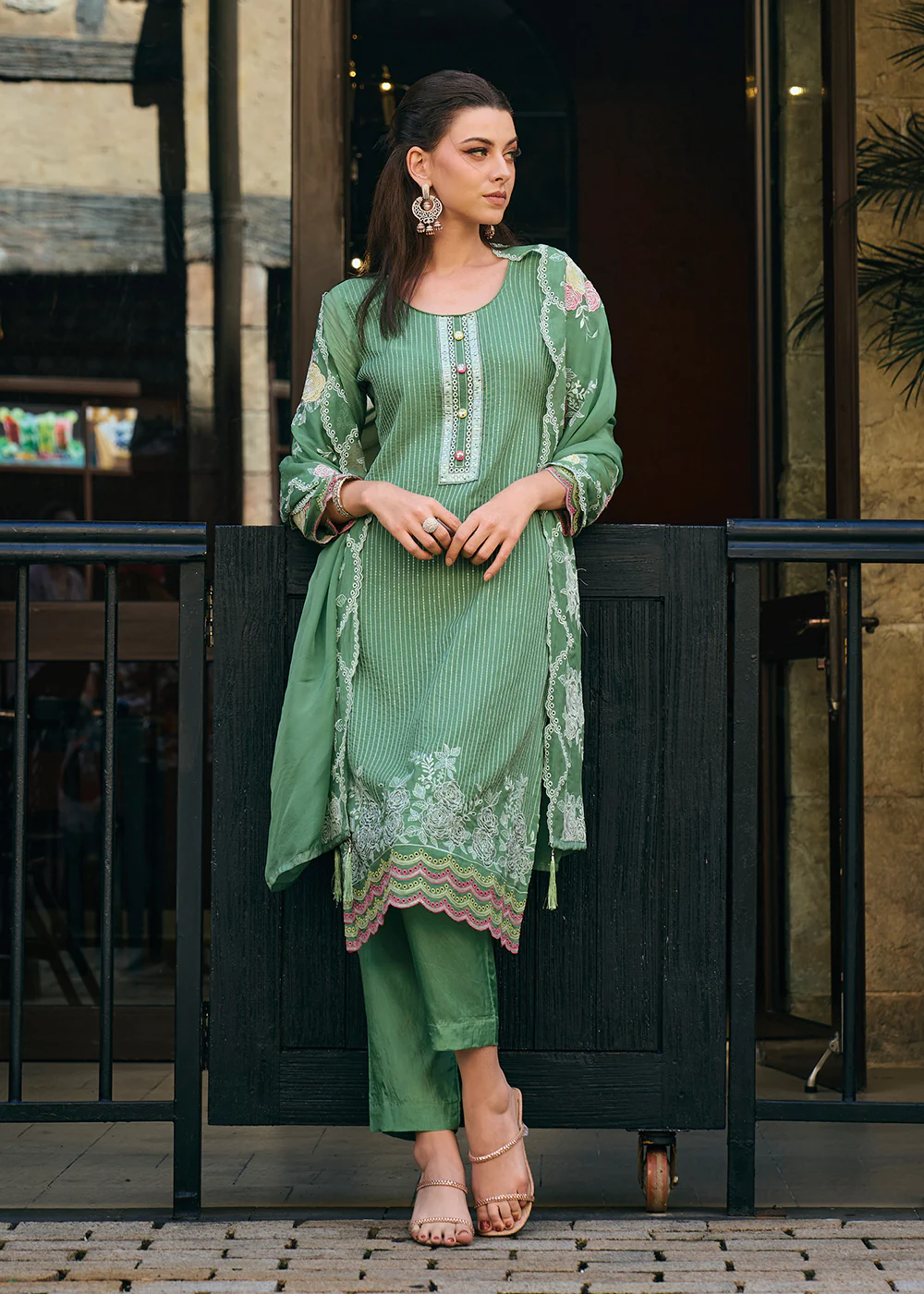 Green Organza Fancy Khatli Embroidered Pant Style Salwar Suit - Image 3
