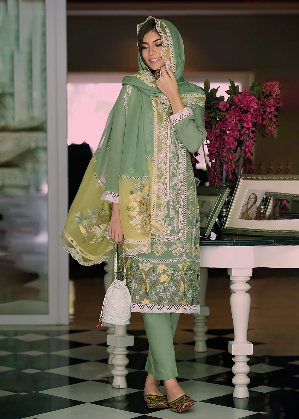Green Organza Fancy Khatli Work Pakistani Style Suit - Image 3