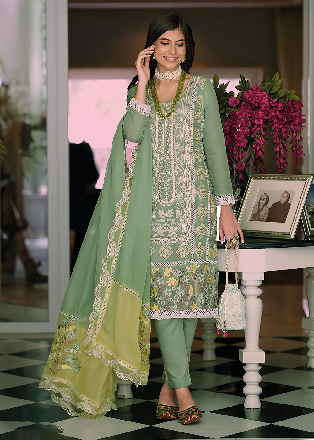 Green Organza Fancy Khatli Work Pakistani Style Suit - Image 4