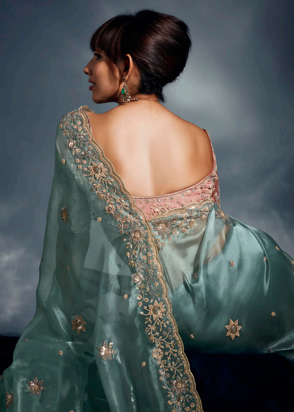 Green Organza Khatli Work Designer Party Saree - Image 3