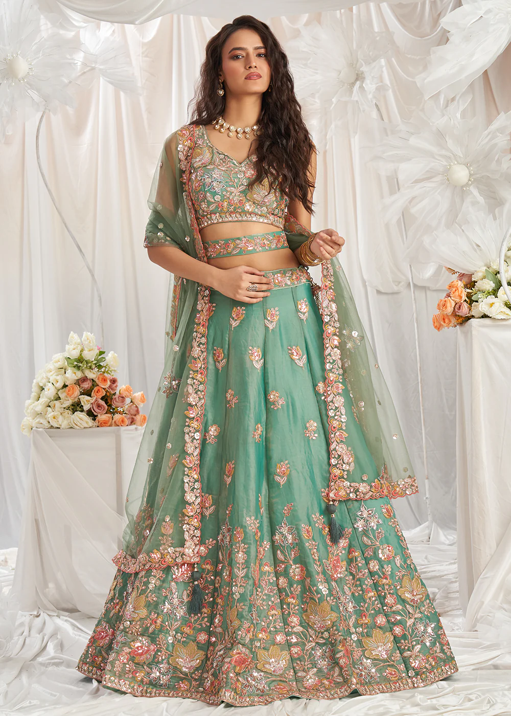 Green Organza Multi Sequinned Wedding Lehenga Choli
