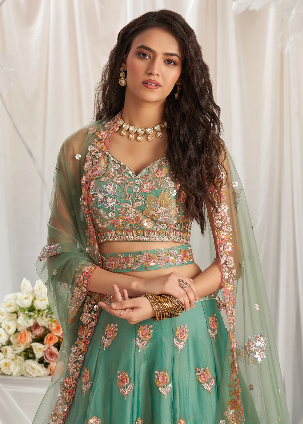 Green Organza Multi Sequinned Wedding Lehenga Choli - Image 2
