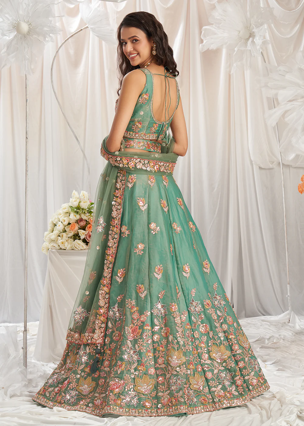Green Organza Multi Sequinned Wedding Lehenga Choli - Image 3