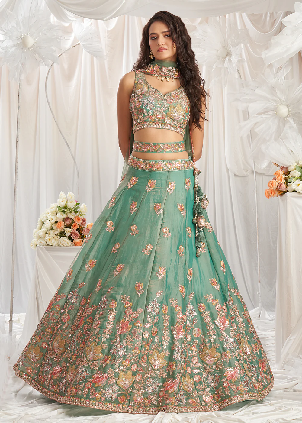 Green Organza Multi Sequinned Wedding Lehenga Choli - Image 4