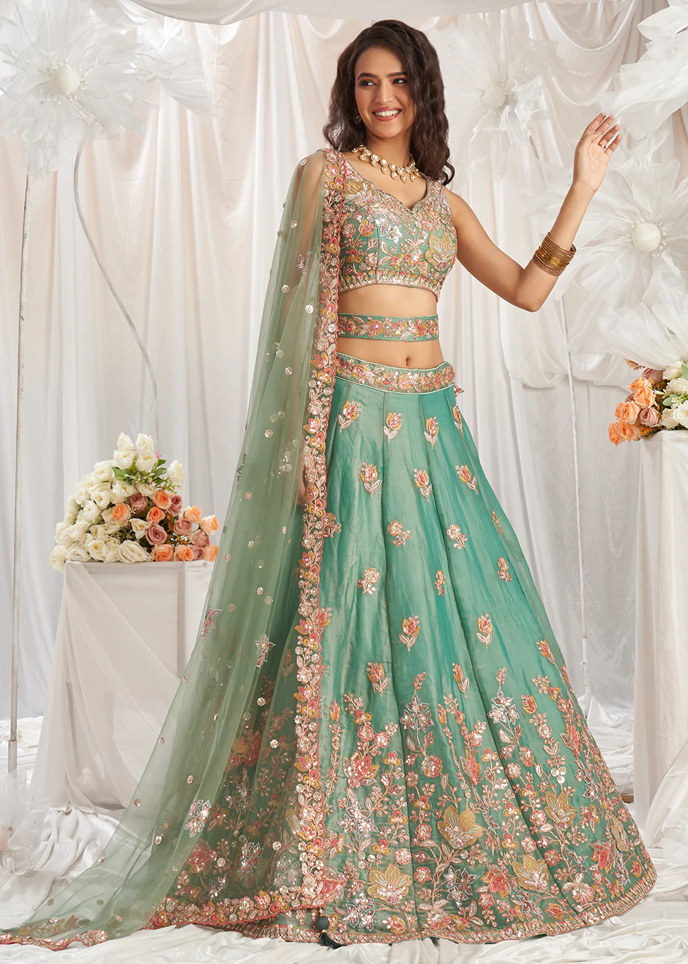 Green Organza Multi Sequinned Wedding Lehenga Choli - Image 5