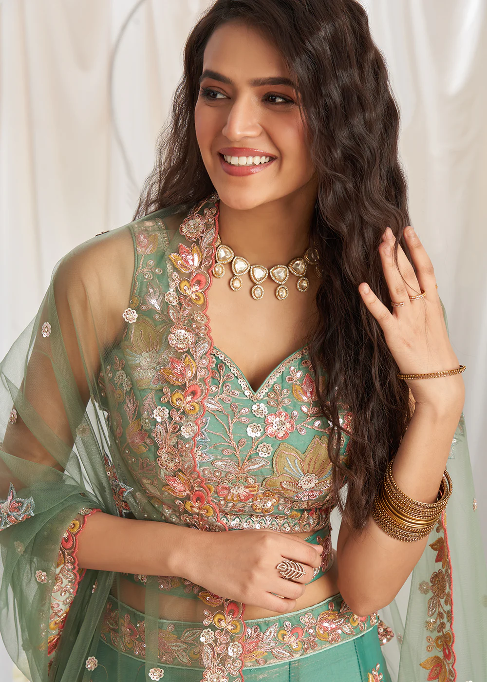 Green Organza Multi Sequinned Wedding Lehenga Choli - Image 6