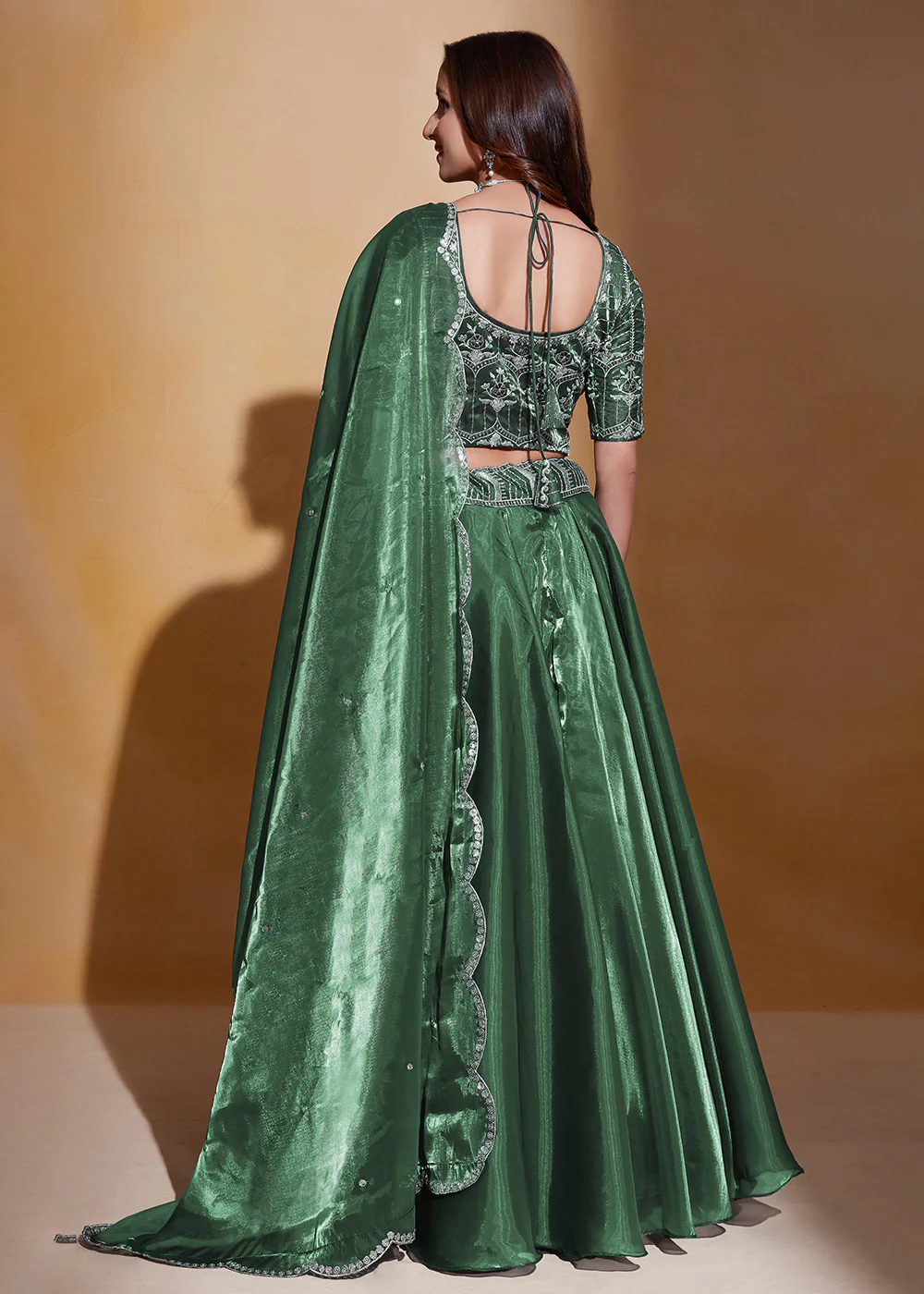 Green Organza Silk A Line Festive Party Lehenga Choli - Image 3