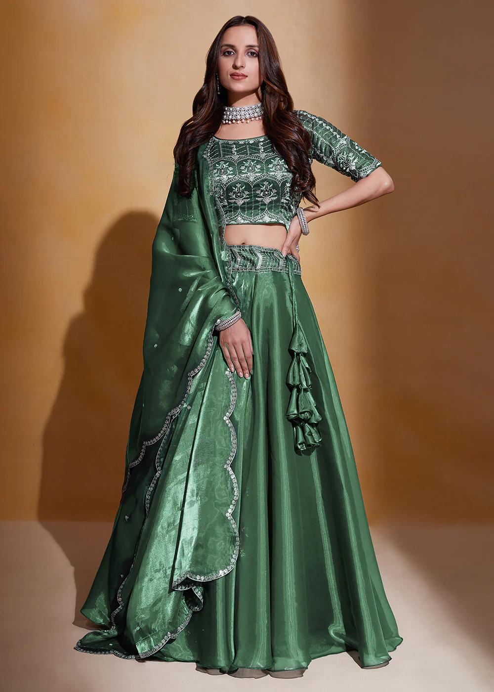 Green Organza Silk A Line Festive Party Lehenga Choli - Image 4