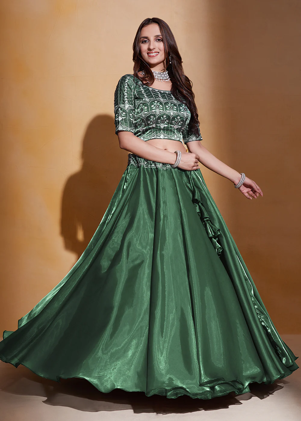 Green Organza Silk A Line Festive Party Lehenga Choli - Image 5