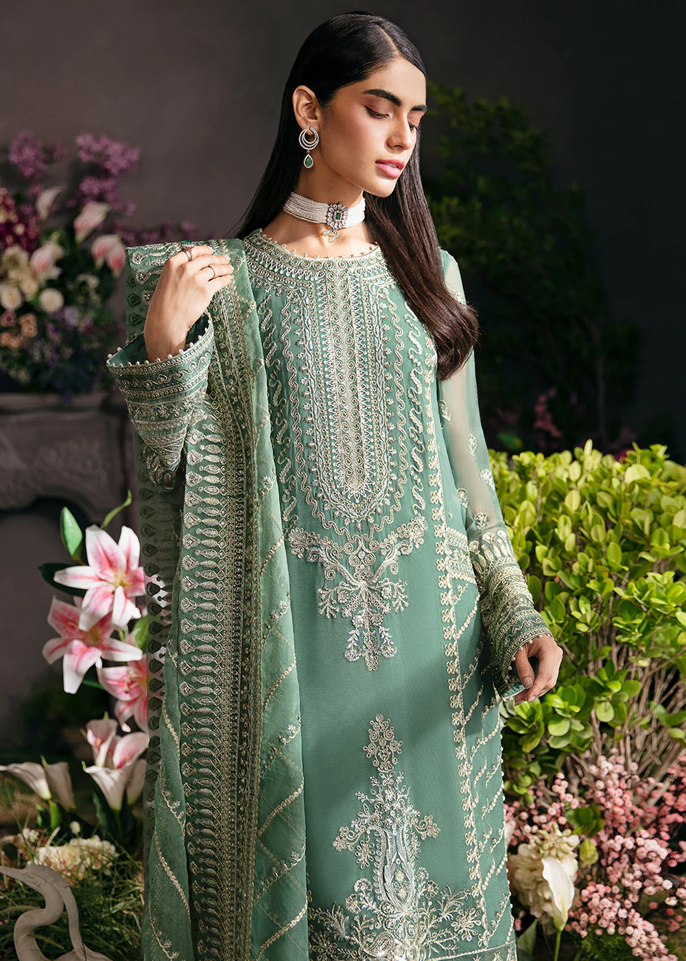 Green Pakistani Palazzo Suit - Afrozeh La Fuchsia Formals '23 - Sea Mist - Image 4