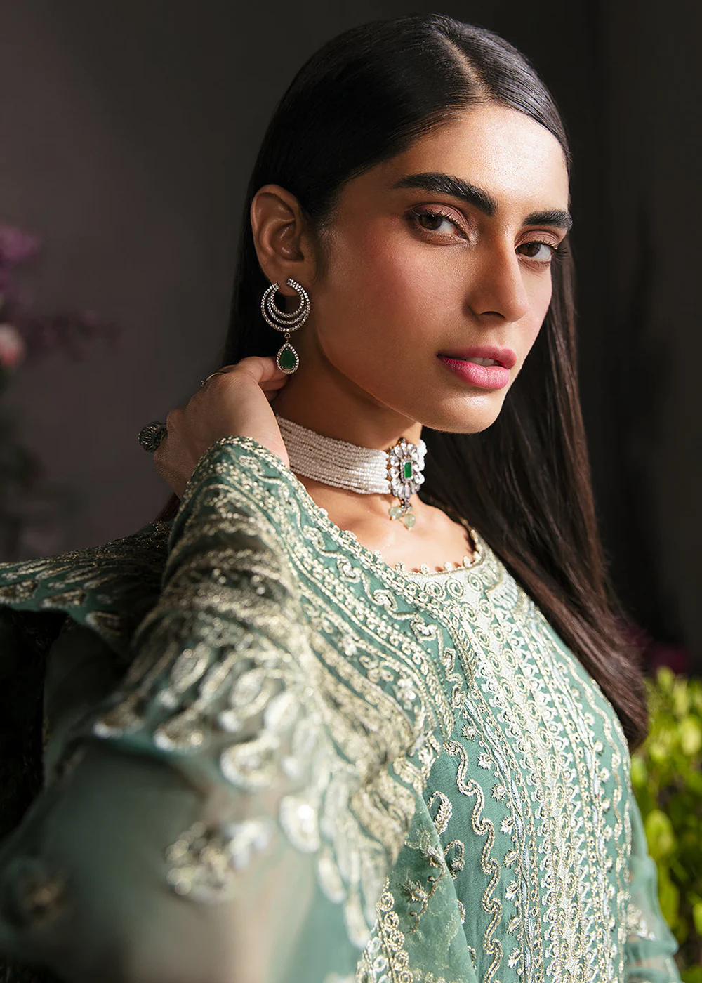 Green Pakistani Palazzo Suit - Afrozeh La Fuchsia Formals '23 - Sea Mist - Image 5