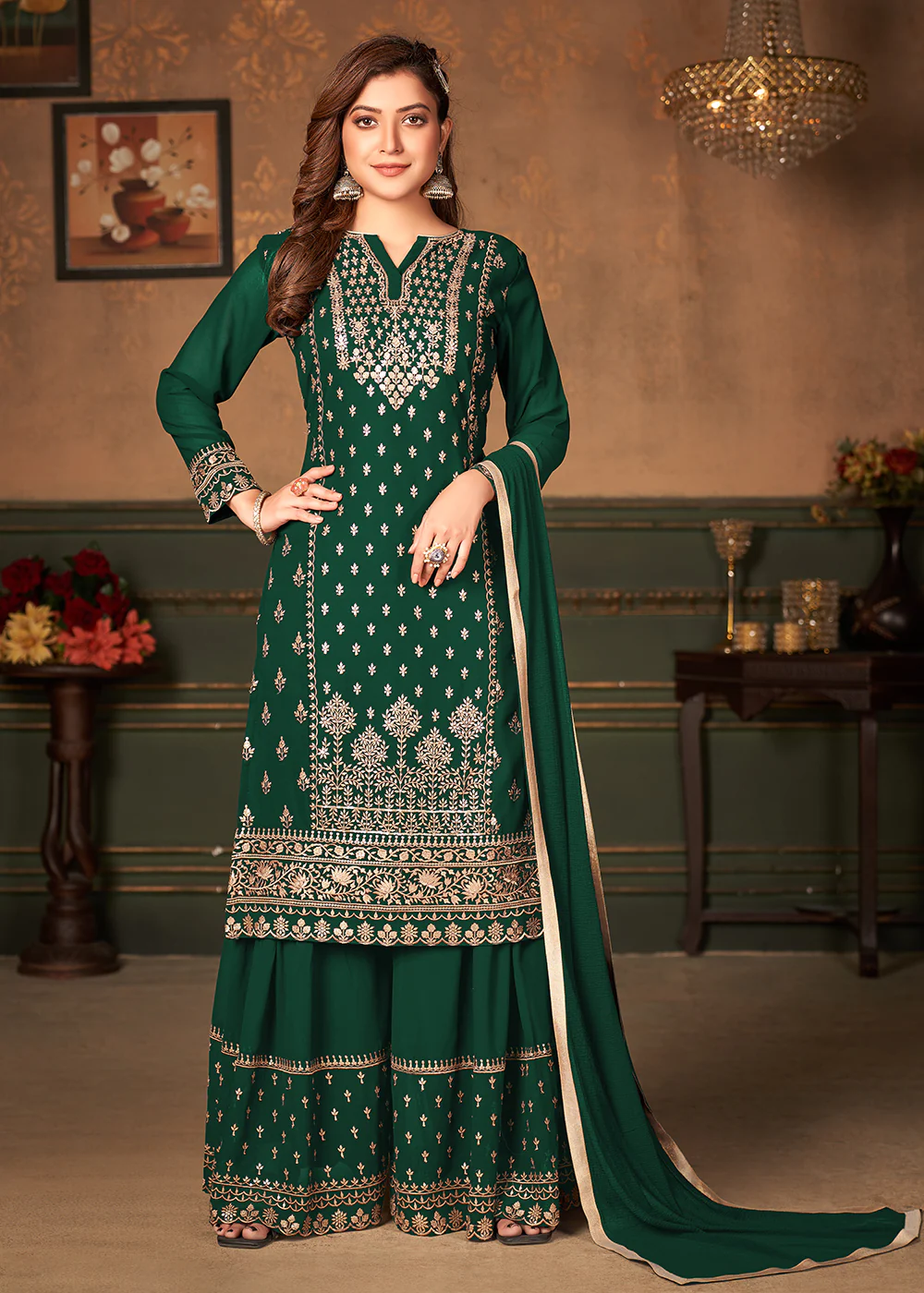 Green Pakistani Sharara Style Georgette Embroidered Suit