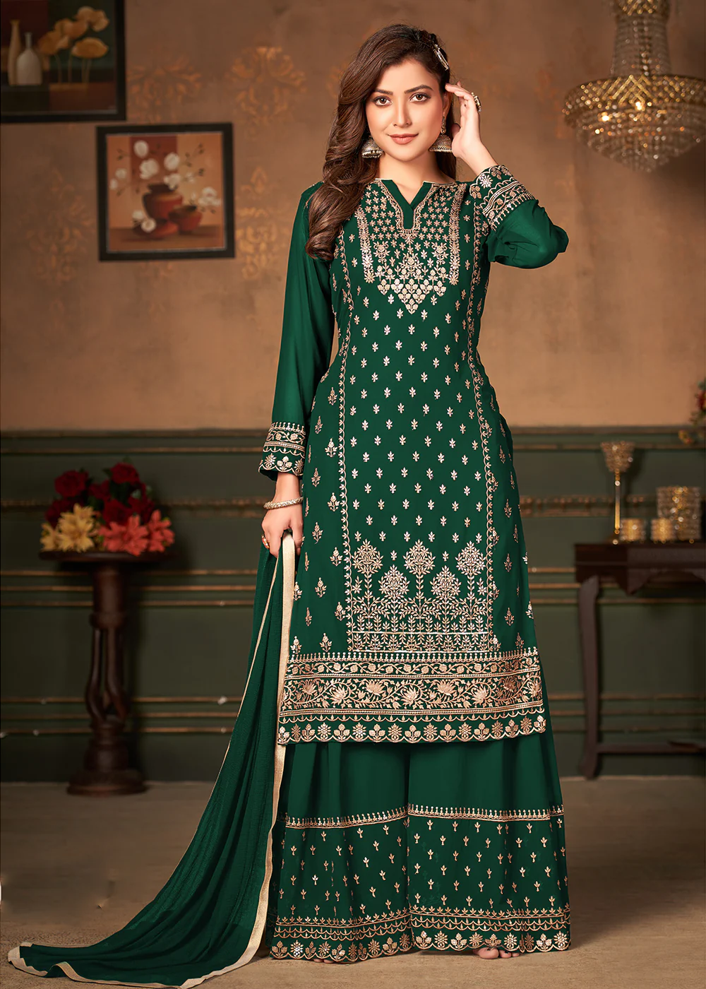 Green Pakistani Sharara Style Georgette Embroidered Suit - Image 3