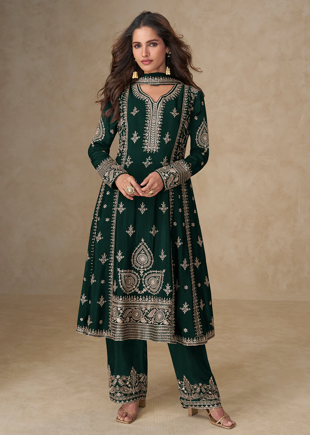 Green Palazzo Chinnon Silk Embroidered Festive Suit