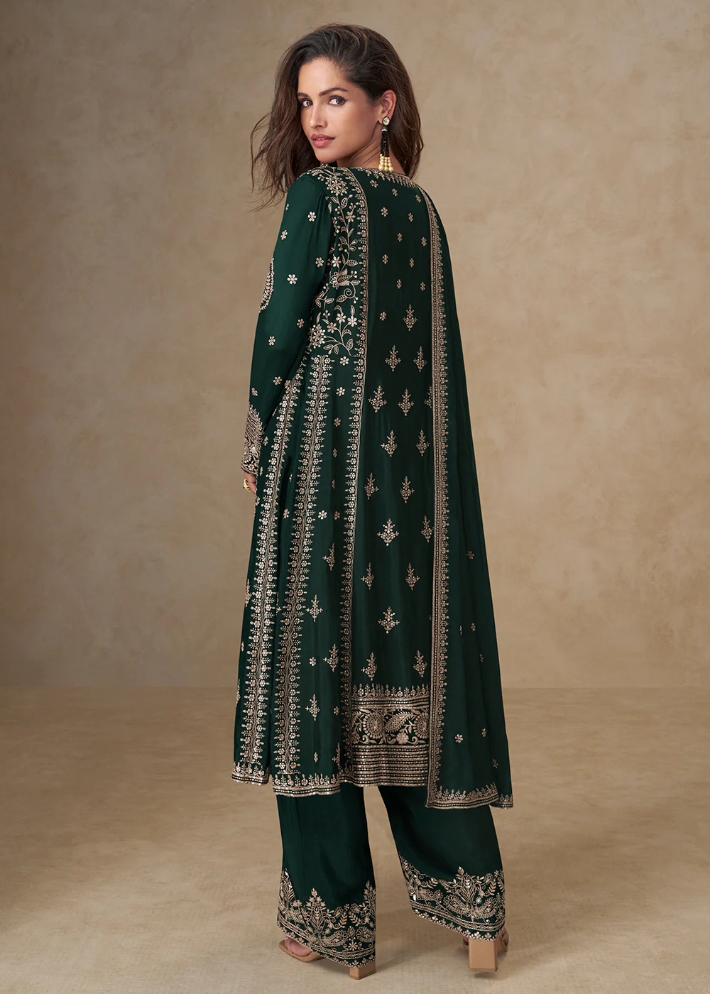Green Palazzo Chinnon Silk Embroidered Festive Suit - Image 2