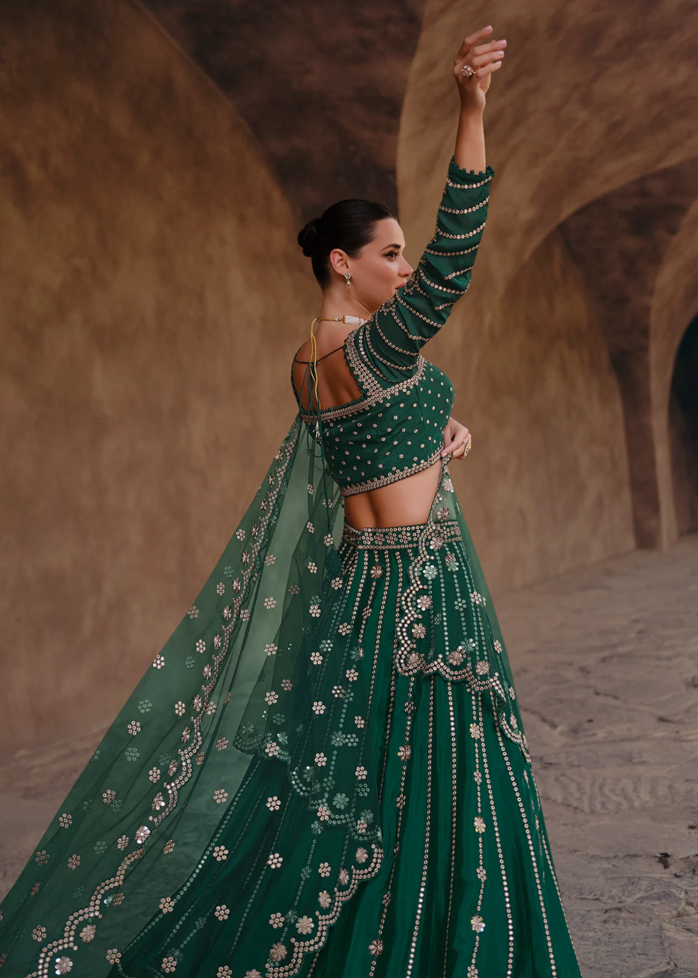 Green Party Wear Chinnon Silk Designer Lehenga Choli - Image 3