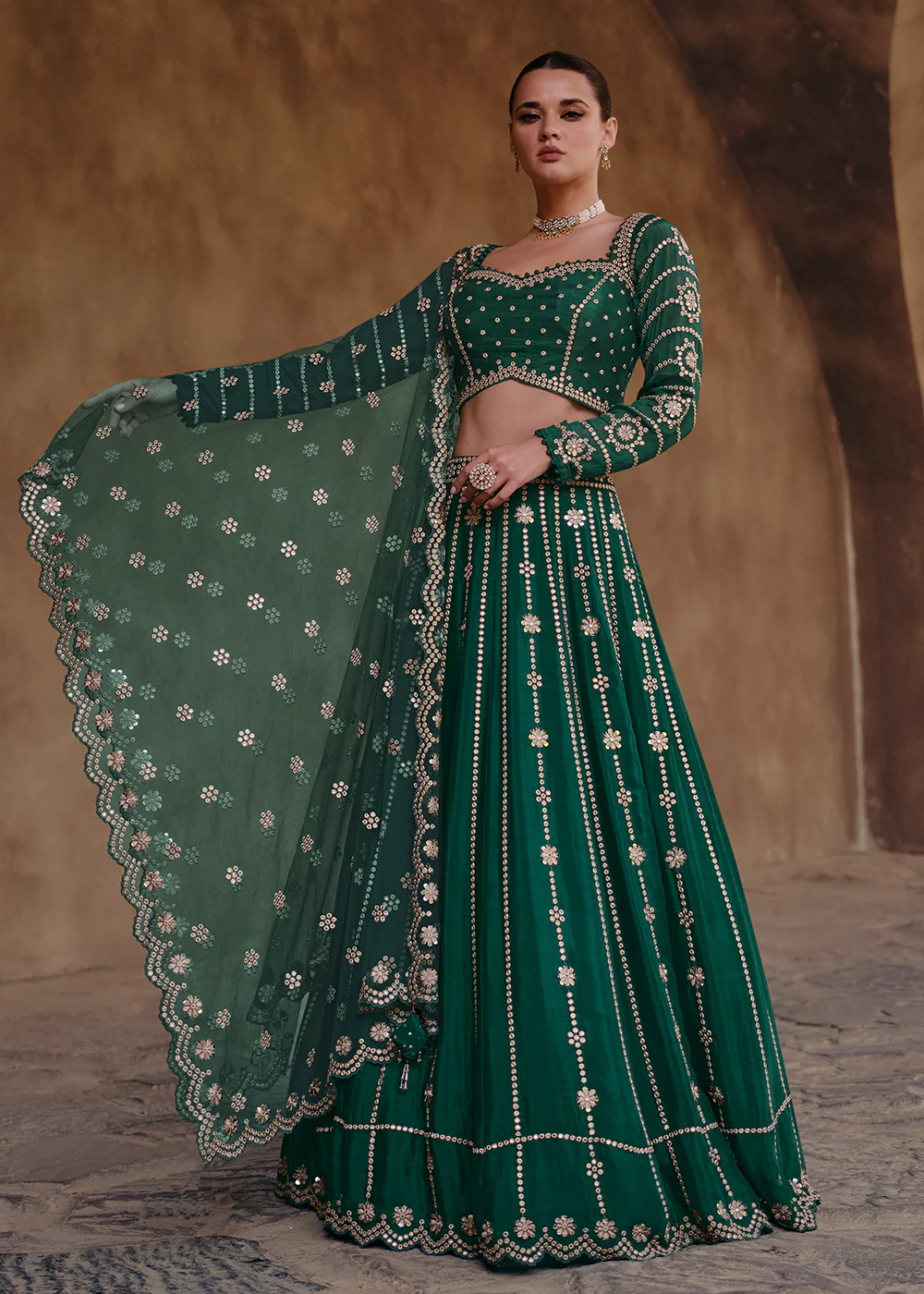 Green Party Wear Chinnon Silk Designer Lehenga Choli - Image 4
