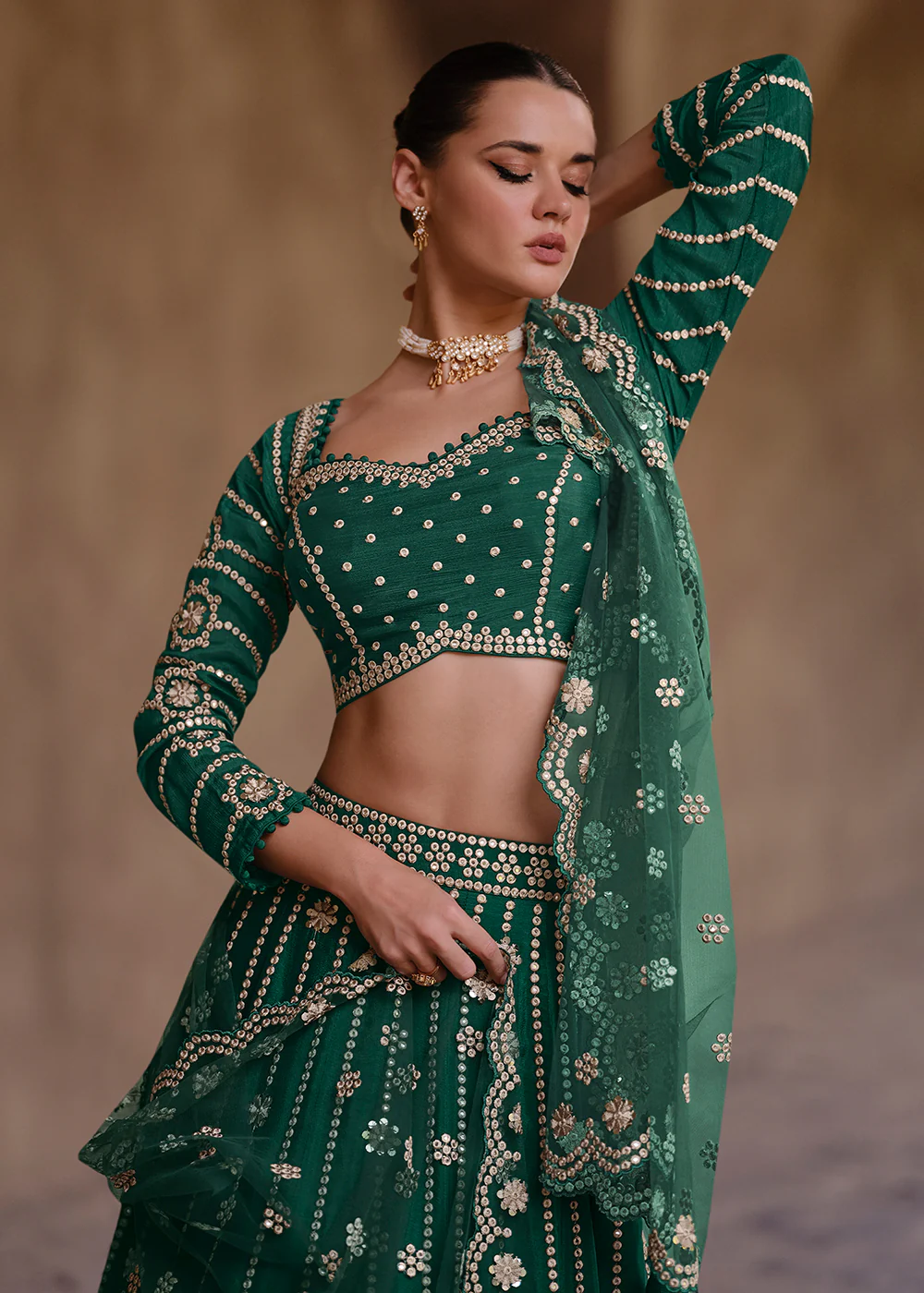 Green Party Wear Chinnon Silk Designer Lehenga Choli - Image 5