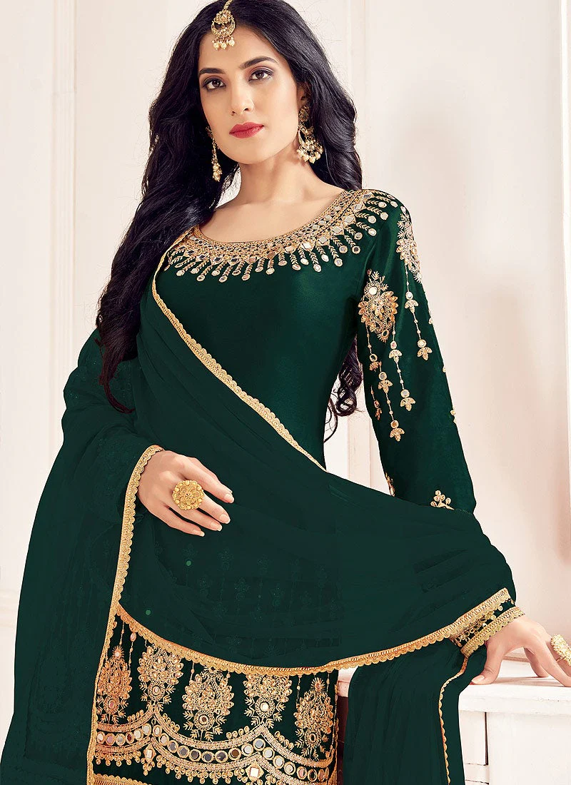 Green Patiala Style Mirror Embroidered Punjabi Suit - Image 2