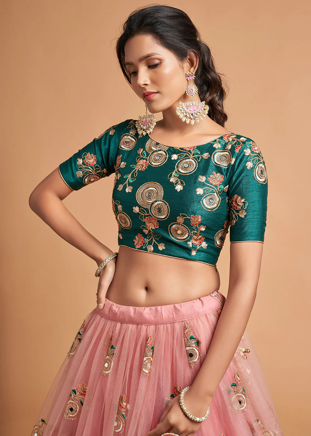 Green & Peach Stylish Embroidered A Line Lehenga Choli - Image 2
