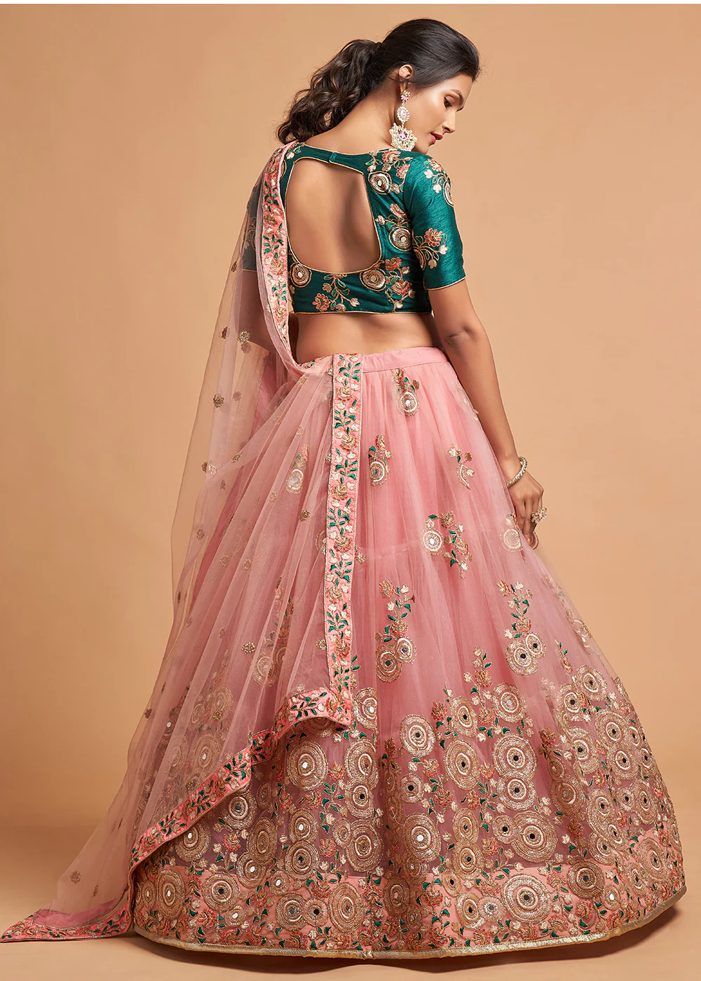 Green & Peach Stylish Embroidered A Line Lehenga Choli - Image 3