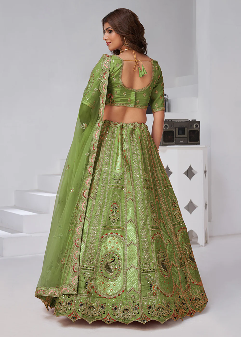 Green Peacock Paisley Motifs Traditional Lehenga Choli - Image 3