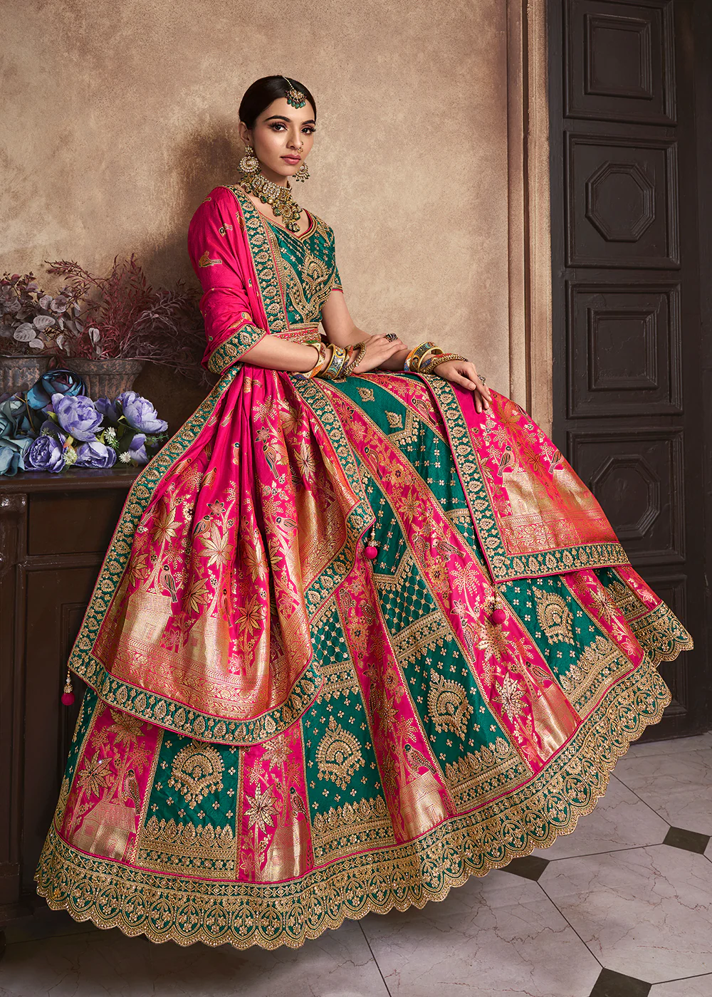 Green & Pink Banarasi Silk Bridal Designer Lehenga Choli - Image 4