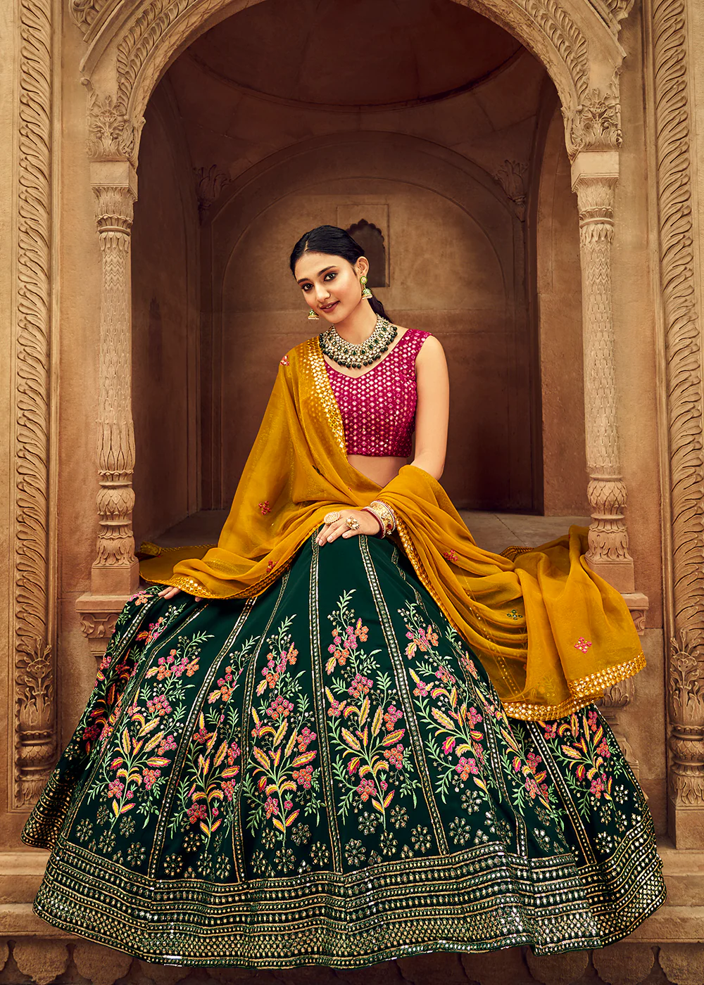 Green & Pink Bridesmaid Georgette Wedding Lehenga Choli - Image 4