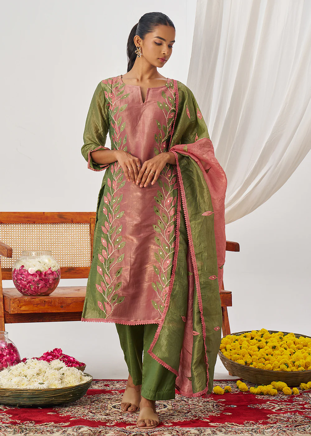 Green & Pink Fancy Crush Pant Style Salwar Suit