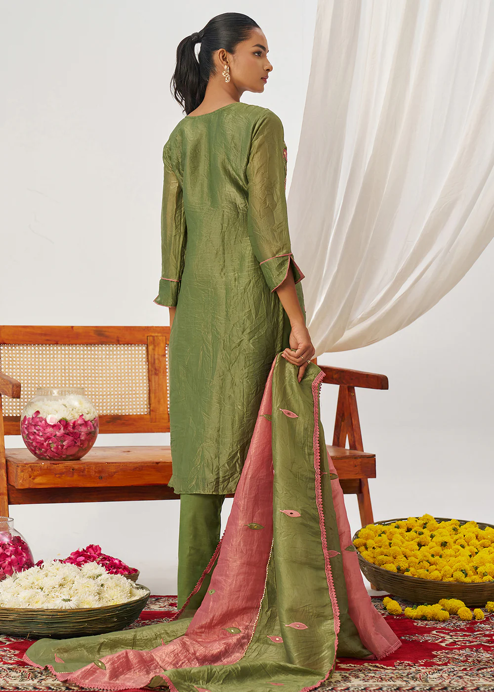 Green & Pink Fancy Crush Pant Style Salwar Suit - Image 3