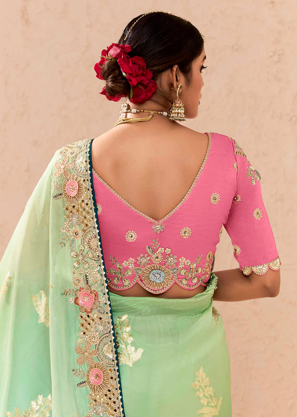 Green & Pink Fancy Fabric Embroidered Designer Saree - Image 3