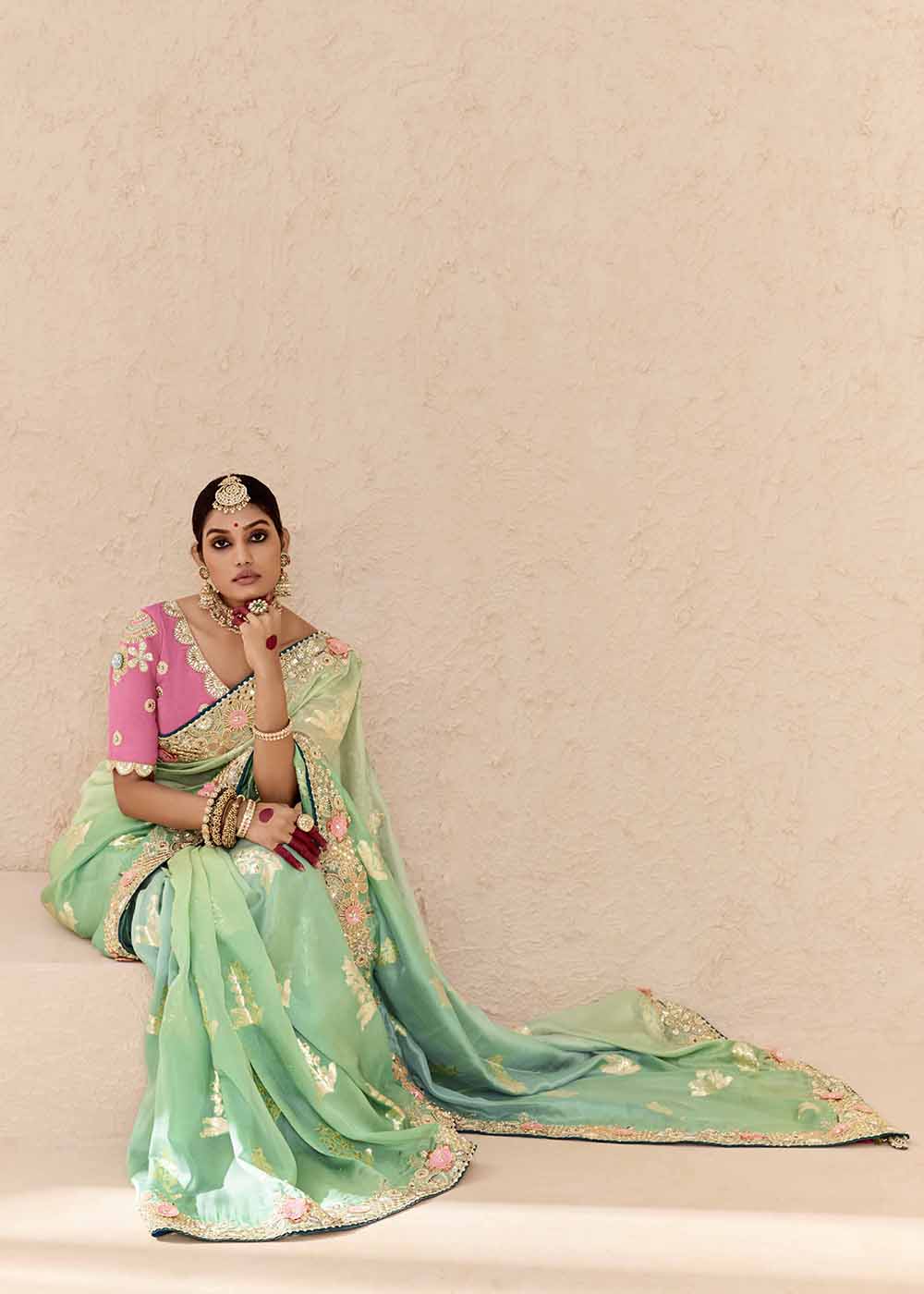 Green & Pink Fancy Fabric Embroidered Designer Saree - Image 4