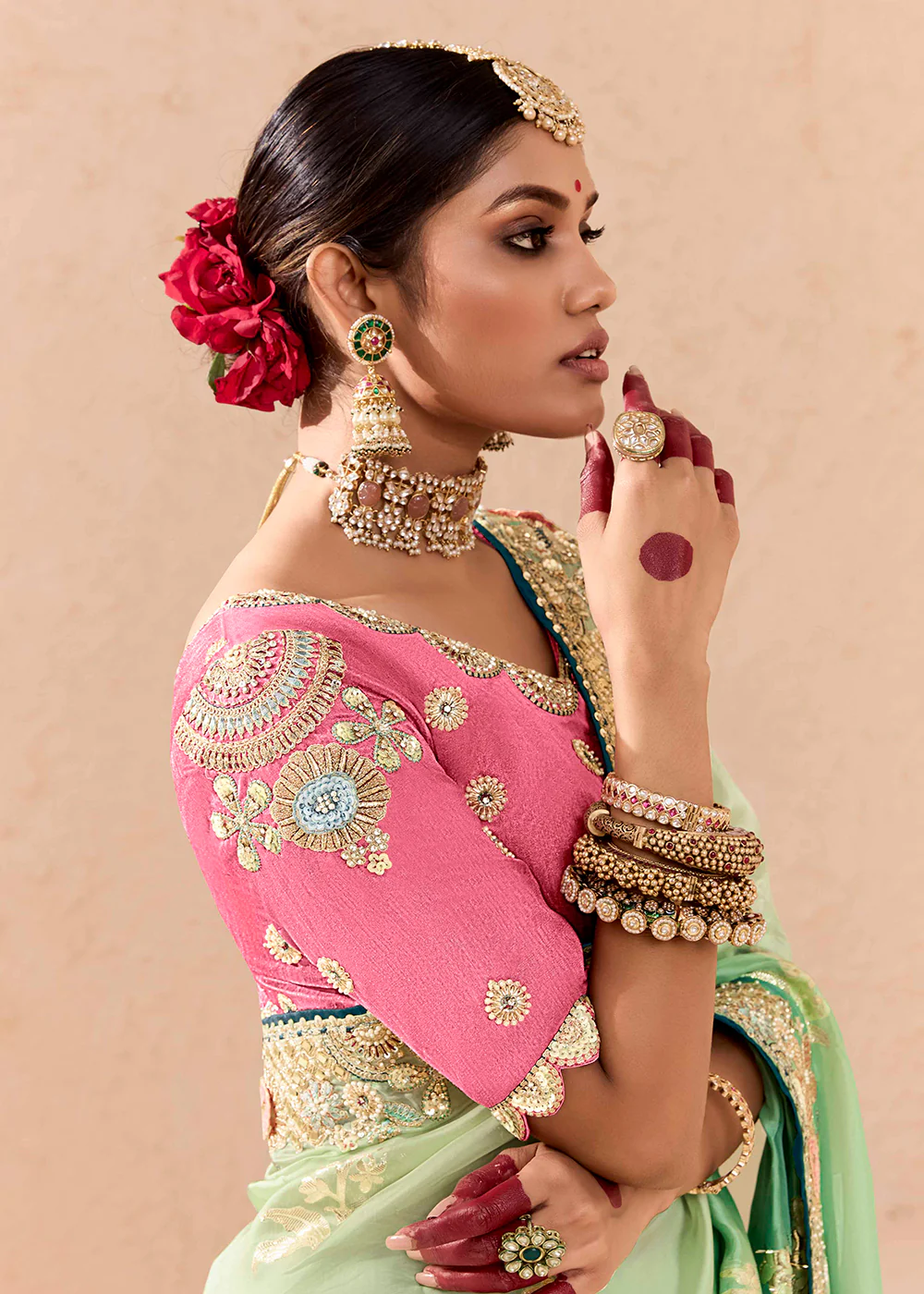 Green & Pink Fancy Fabric Embroidered Designer Saree - Image 5