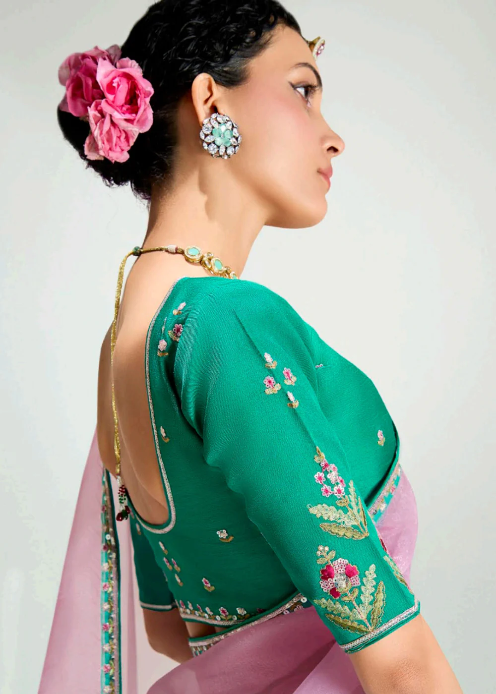 Green & Pink Organza Tissue Designer Party Wear Saree - Image 3
