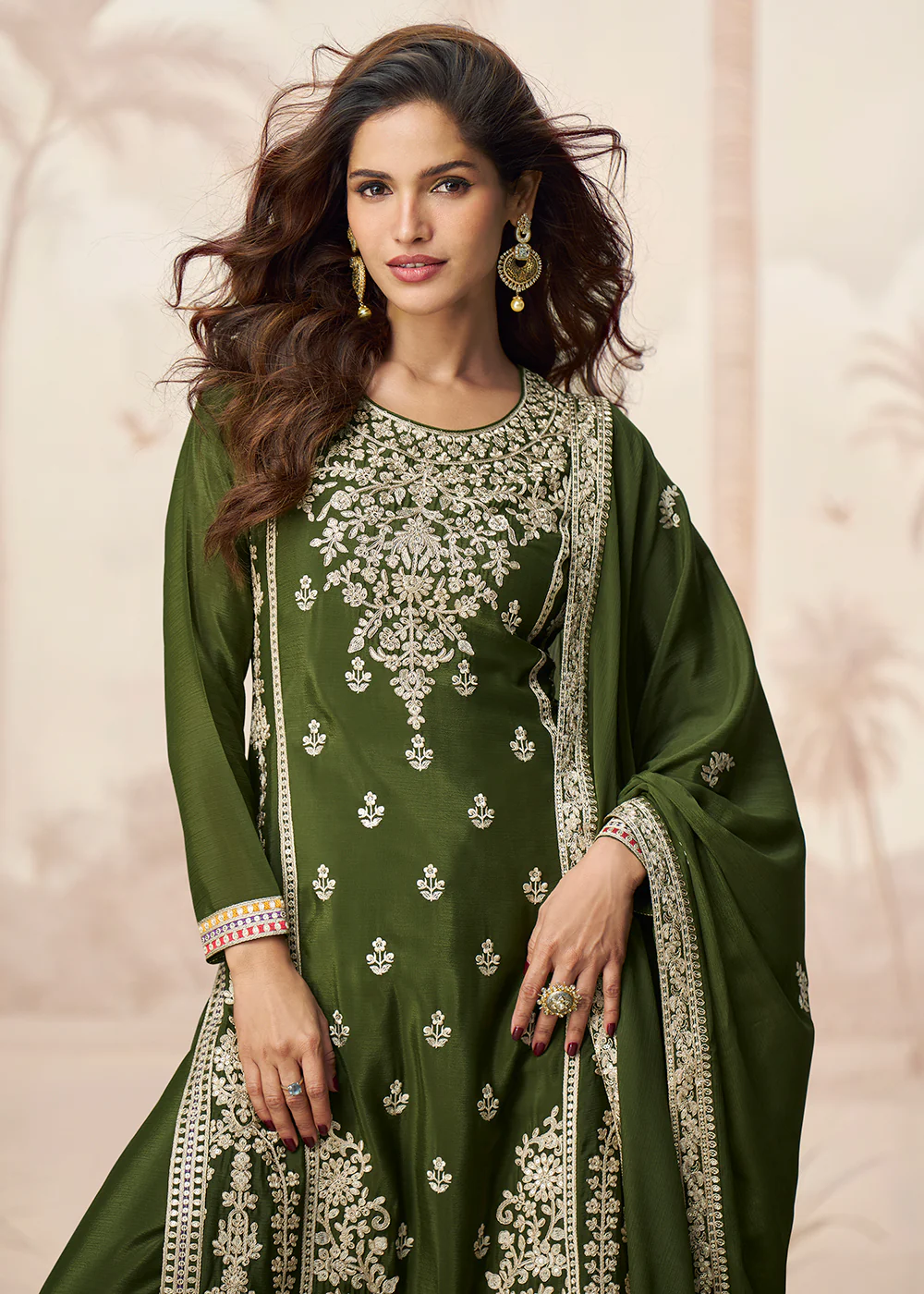 Green Premium Chinnon Festive Wedding Palazzo Suit - Image 2