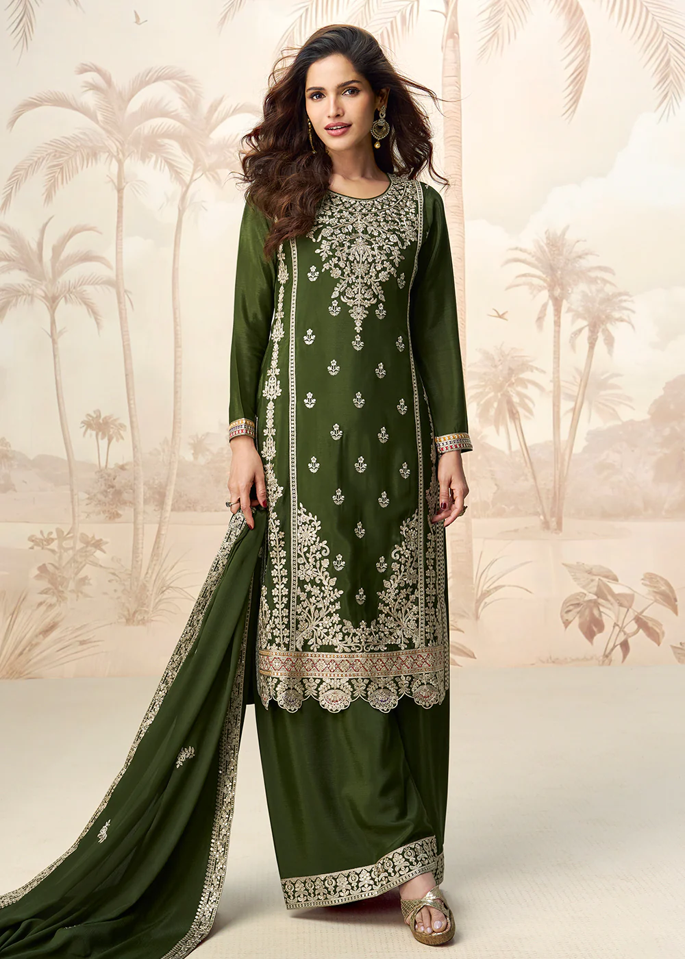 Green Premium Chinnon Festive Wedding Palazzo Suit - Image 3