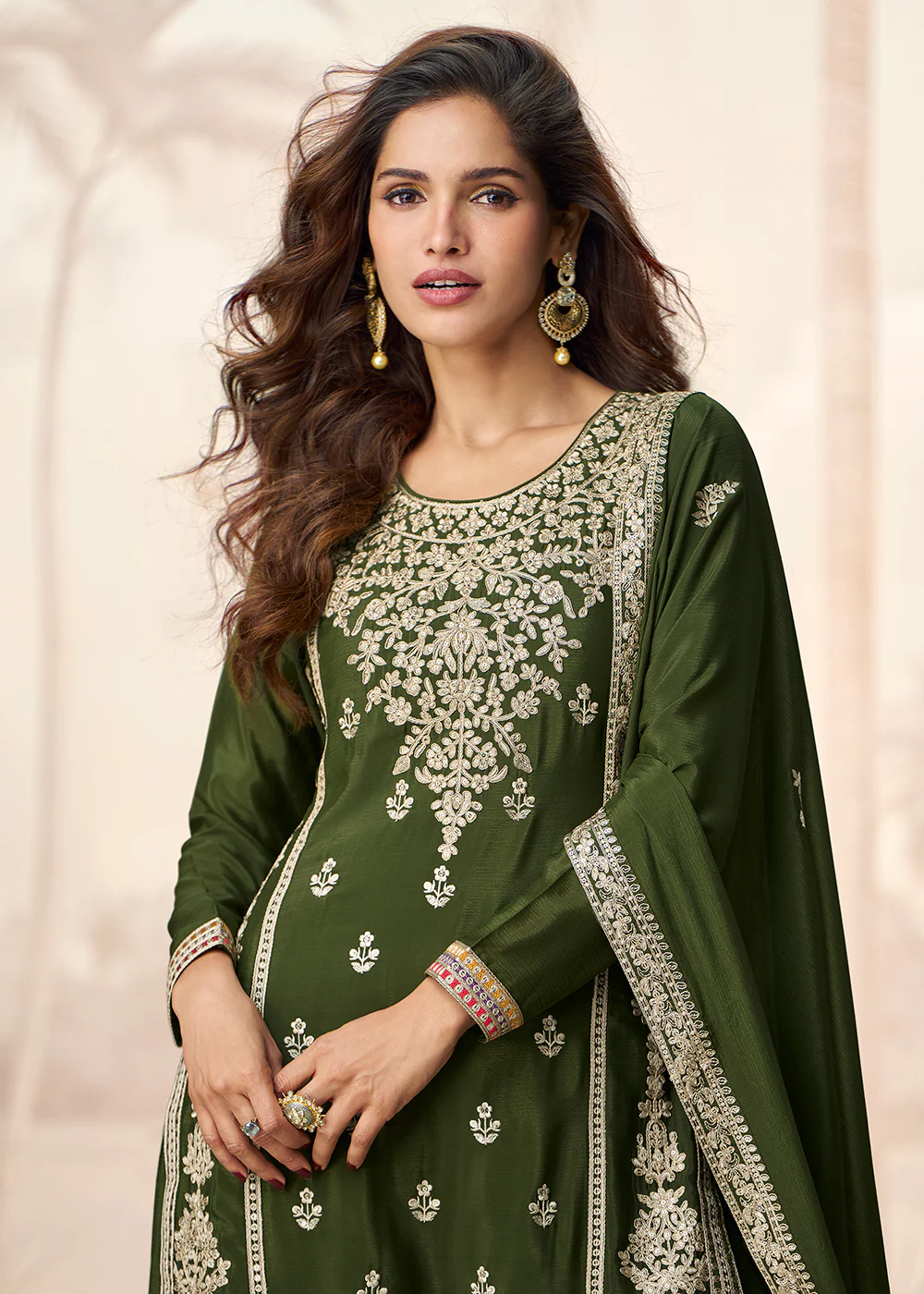 Green Premium Chinnon Festive Wedding Palazzo Suit - Image 4
