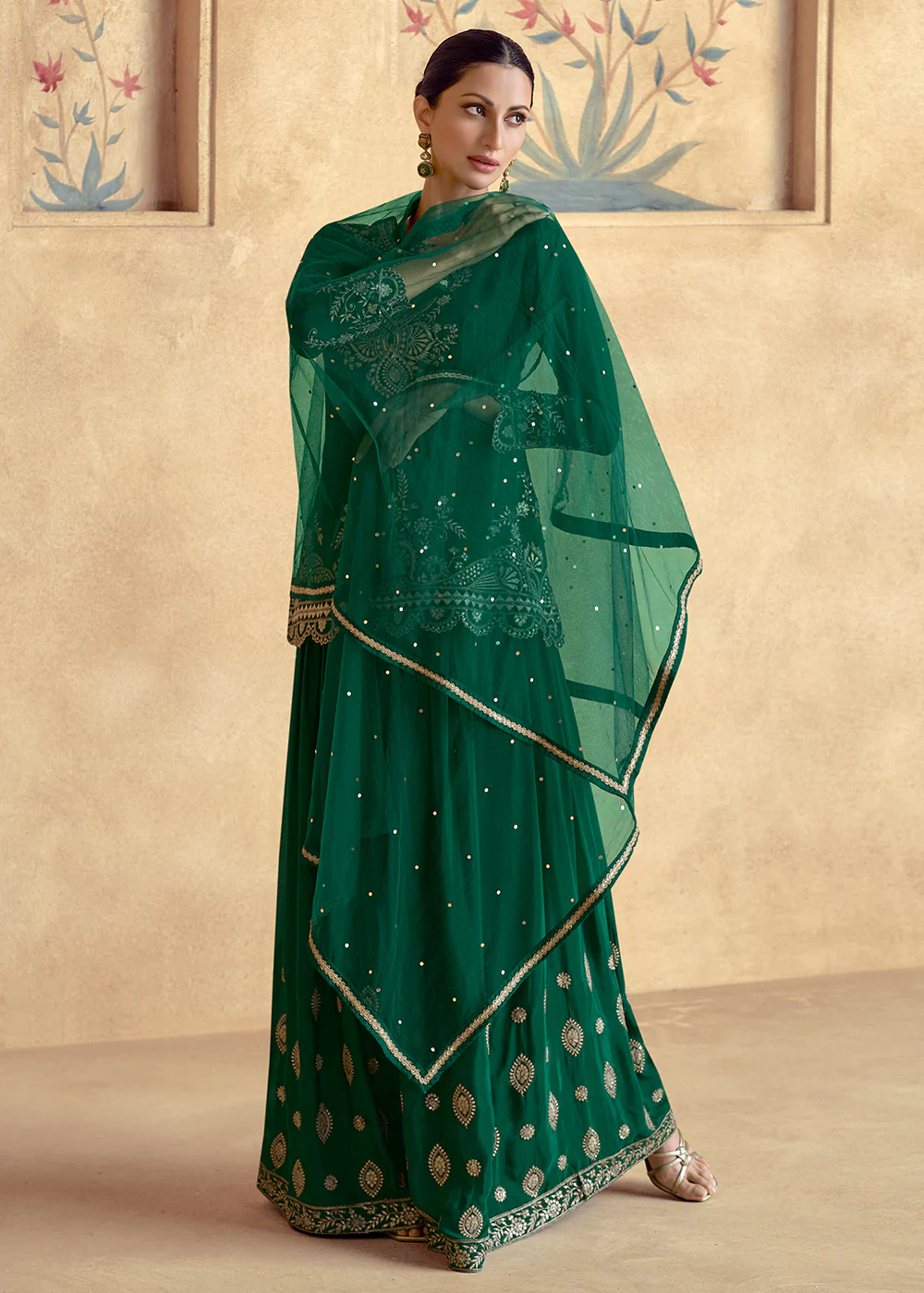 Green Premium Chinnon Silk Festive Sharara Style Suit - Image 3