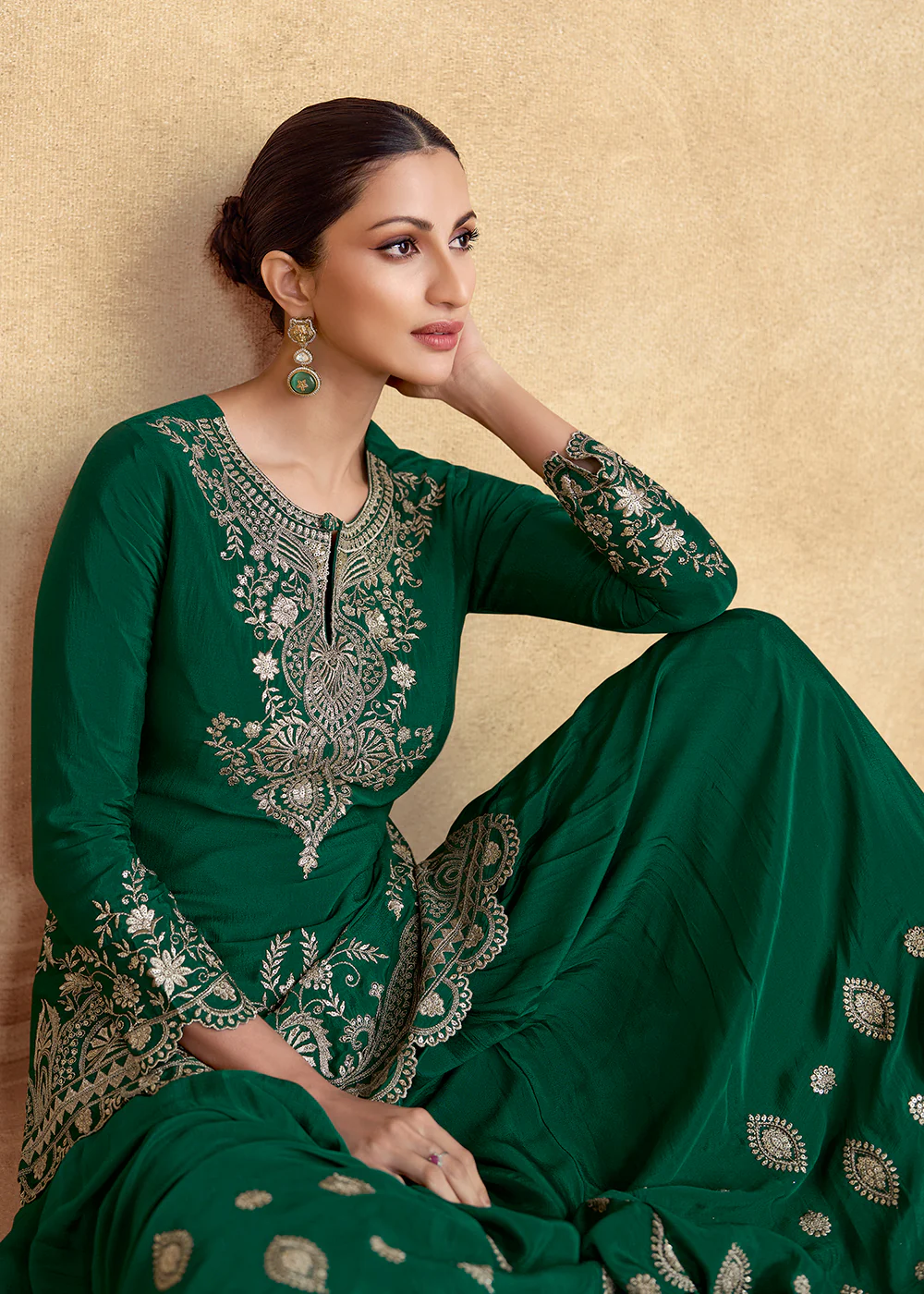 Green Premium Chinnon Silk Festive Sharara Style Suit - Image 4