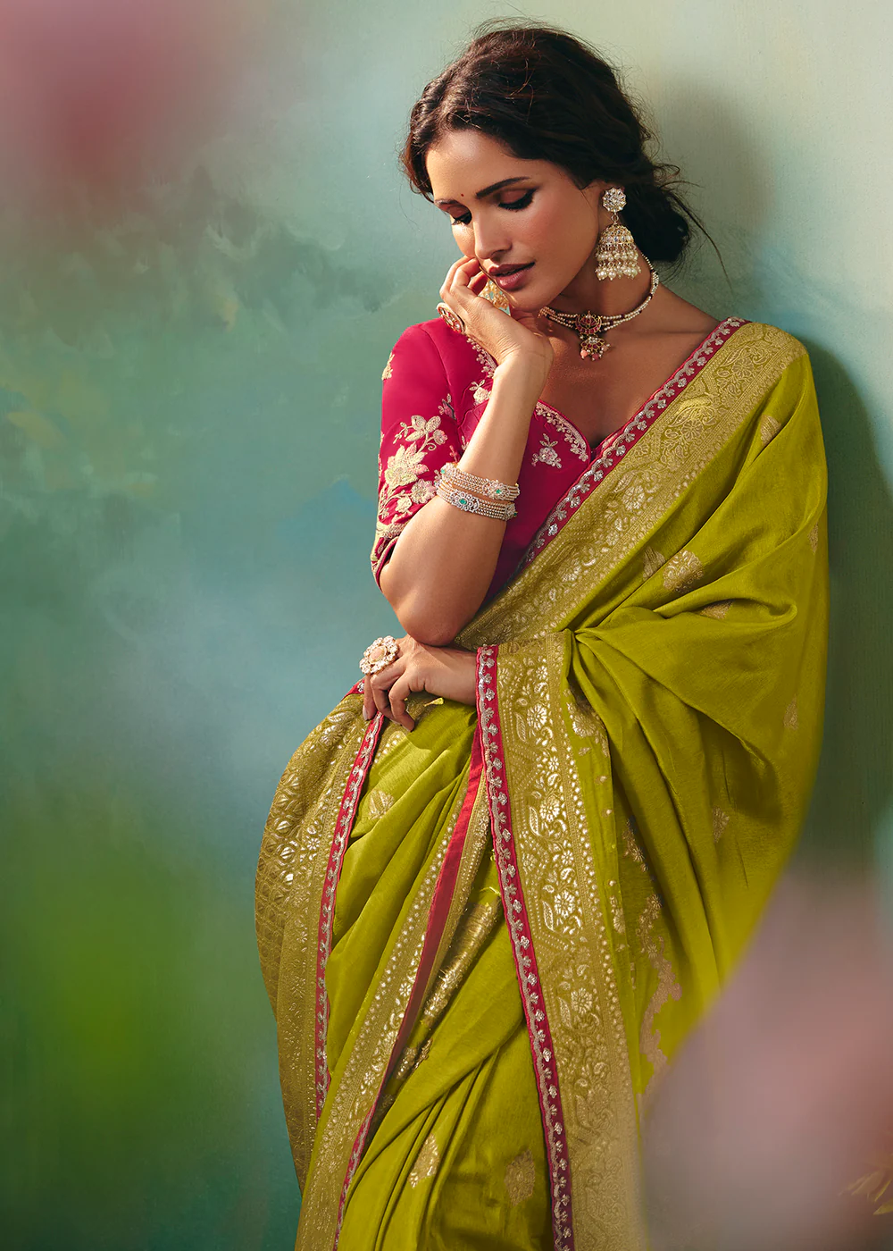 Green Premium Dola Viscose Silk Wedding Wear Saree - Image 2