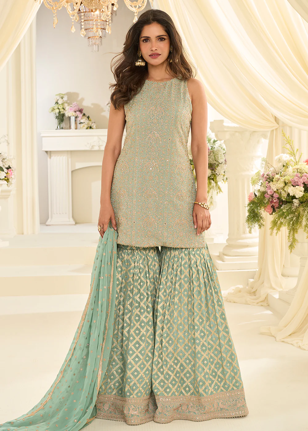 Green Premium Georgette Swarovski Zarkan Gharara Suit