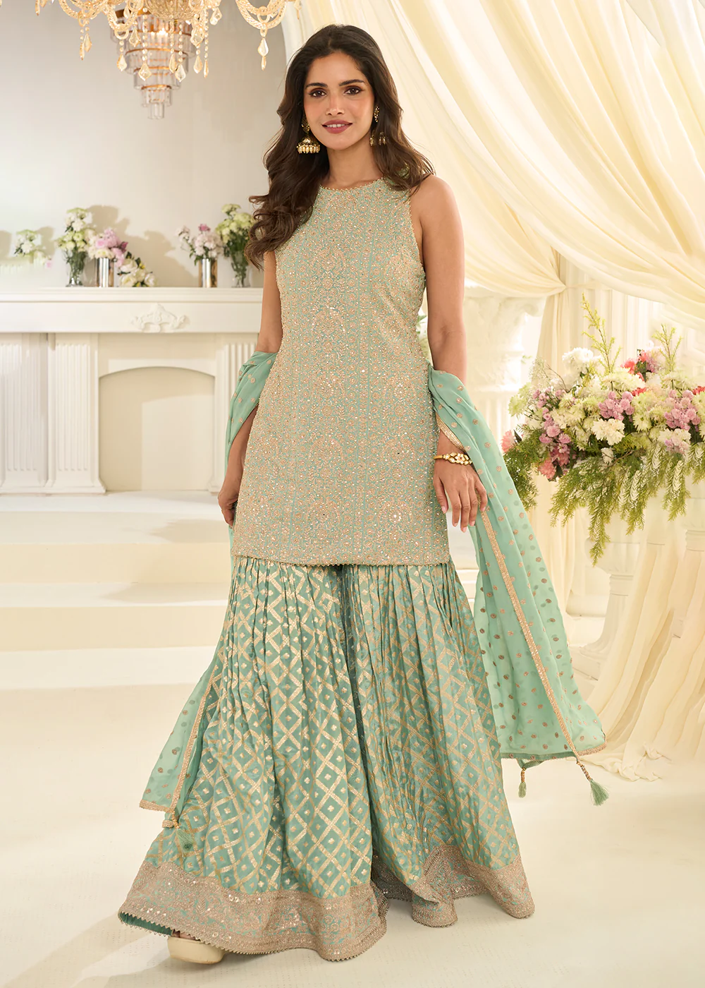 Green Premium Georgette Swarovski Zarkan Gharara Suit - Image 3