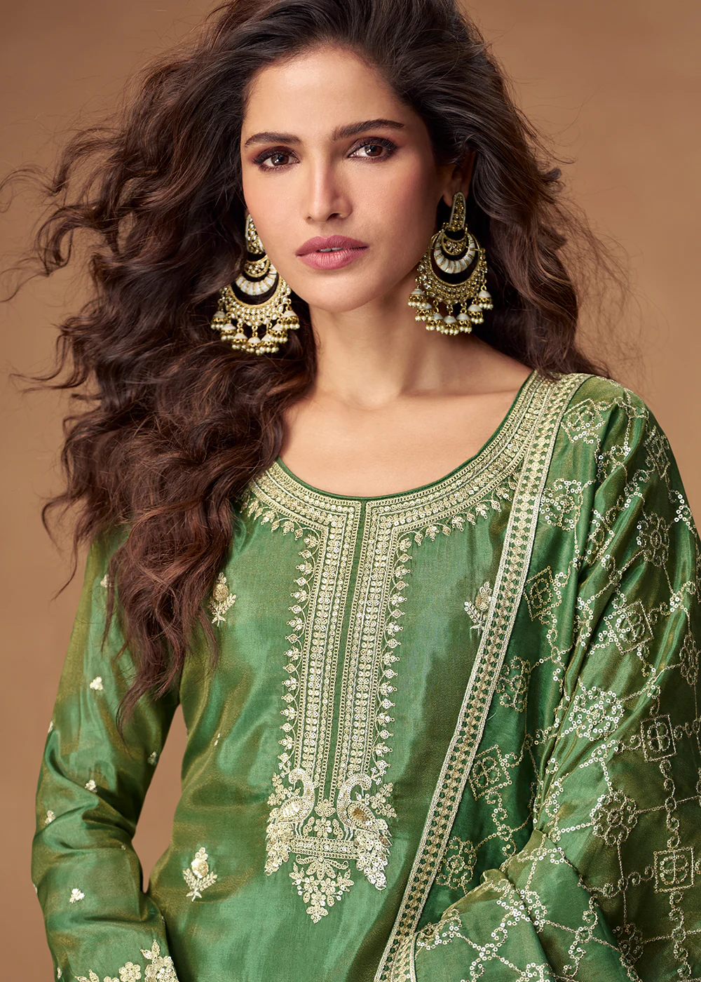 Green Premium Shimmer Silk Palazzo Style Suit - Image 2