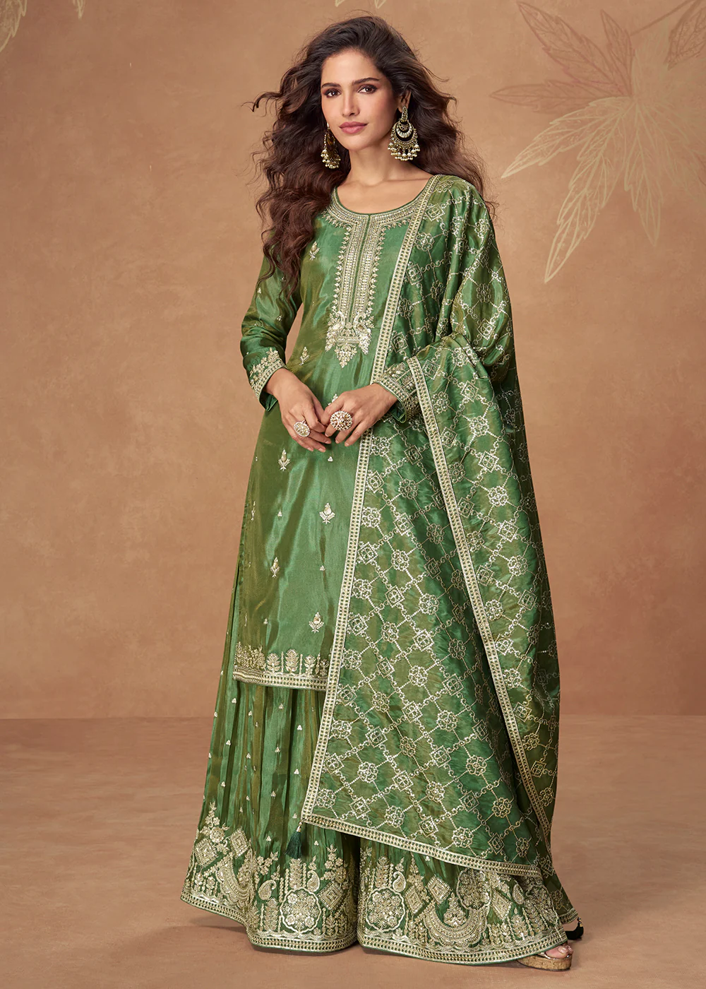 Green Premium Shimmer Silk Palazzo Style Suit - Image 3