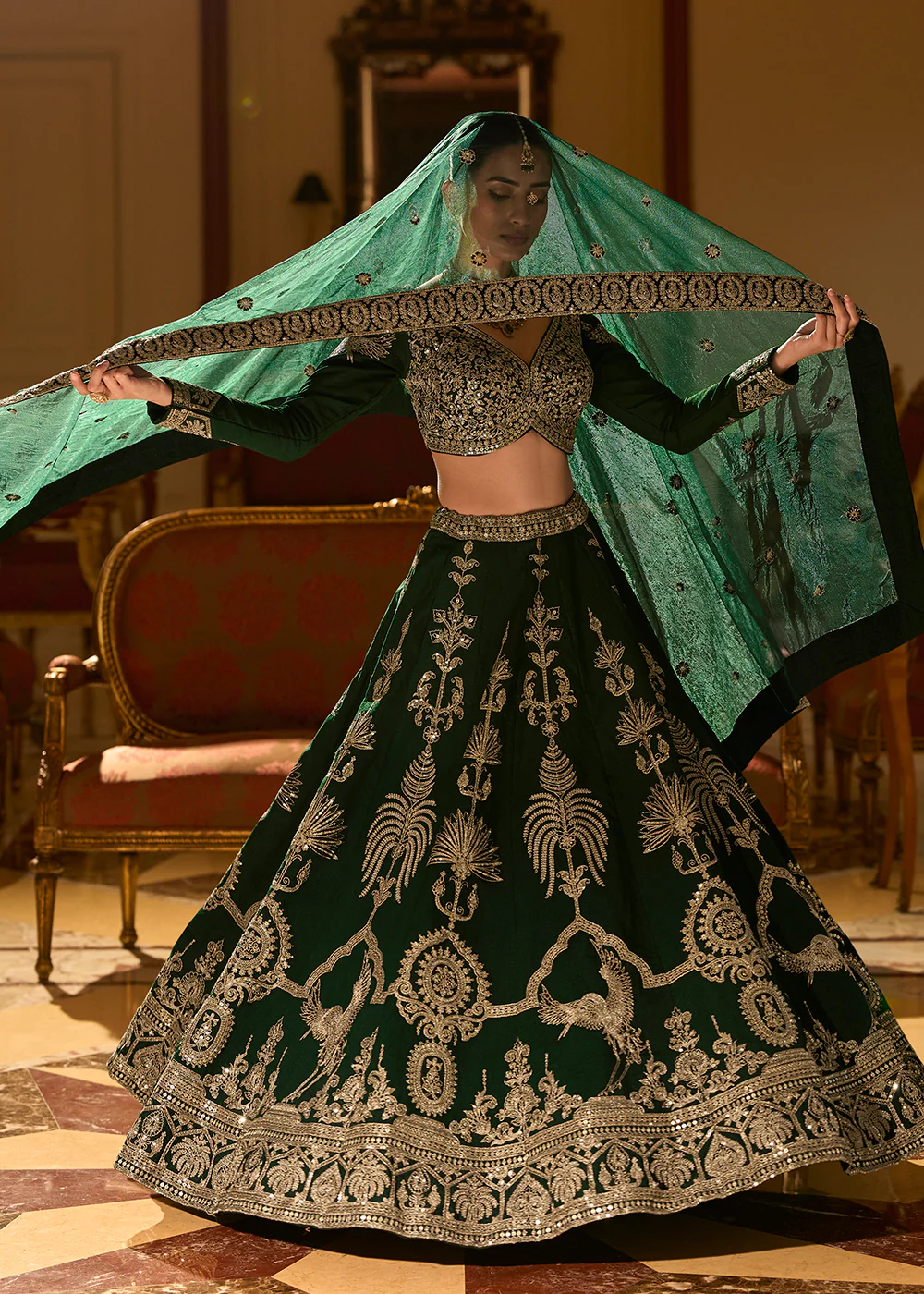 Green Premium Silk & Embroidered Designer Lehenga Choli - Image 4