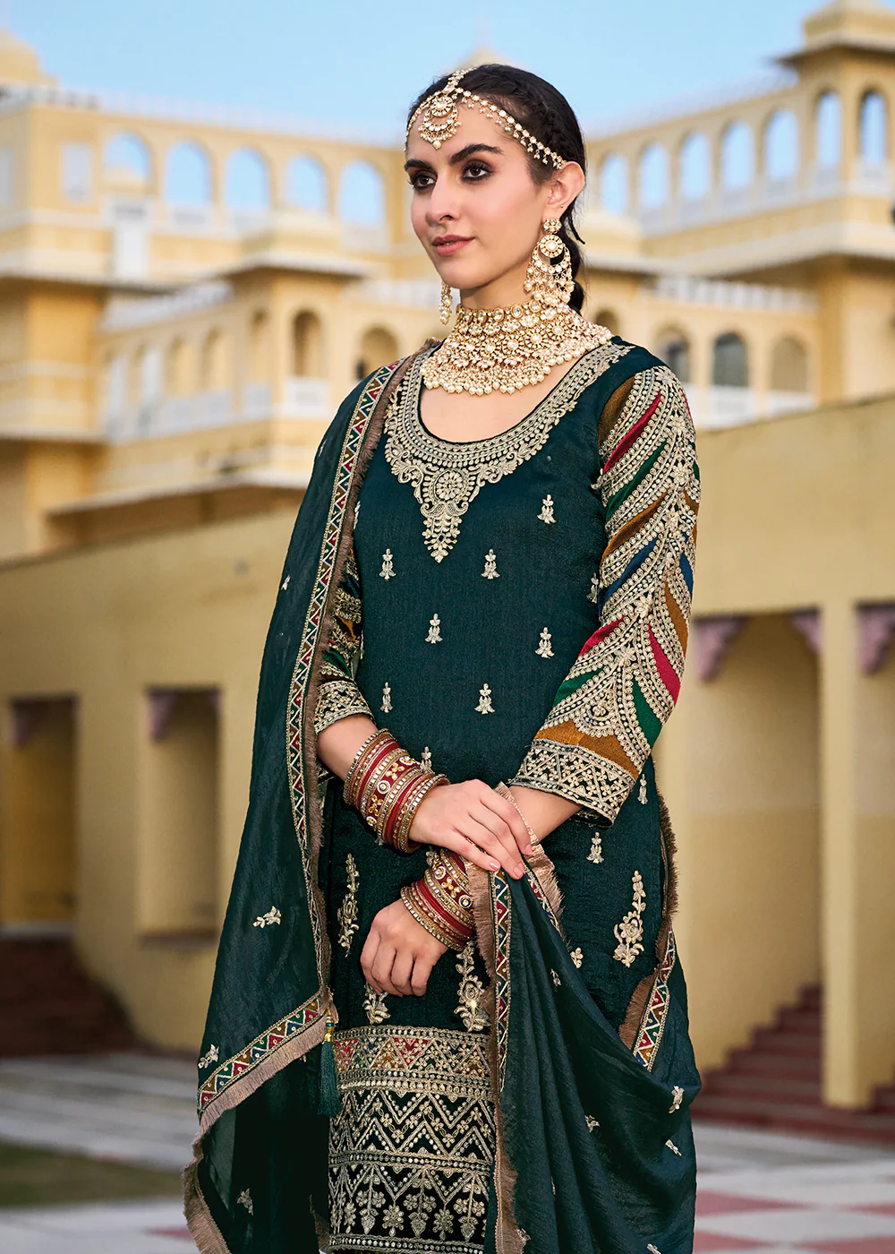 Green Premium Silk Embroidered Festive Ready Palazzo Suit - Image 2