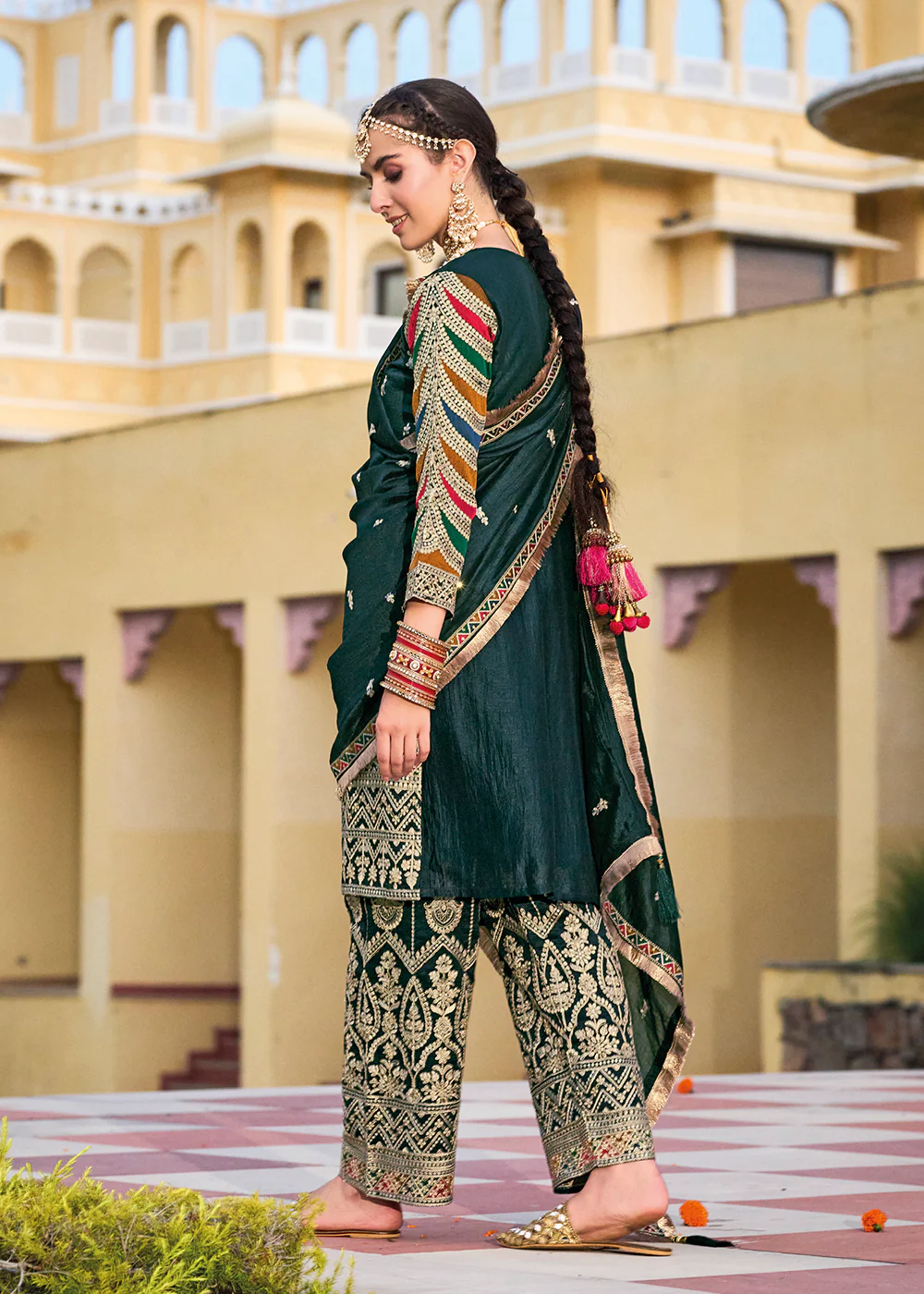 Green Premium Silk Embroidered Festive Ready Palazzo Suit - Image 3