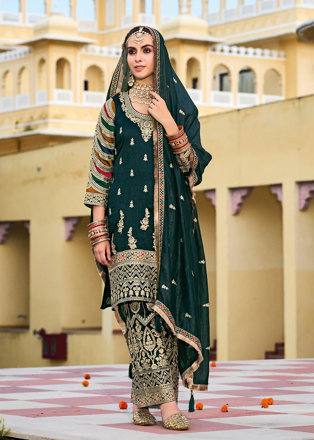 Green Premium Silk Embroidered Festive Ready Palazzo Suit - Image 4